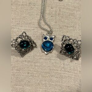 Silver and Blue Owl Necklace and Earring Set